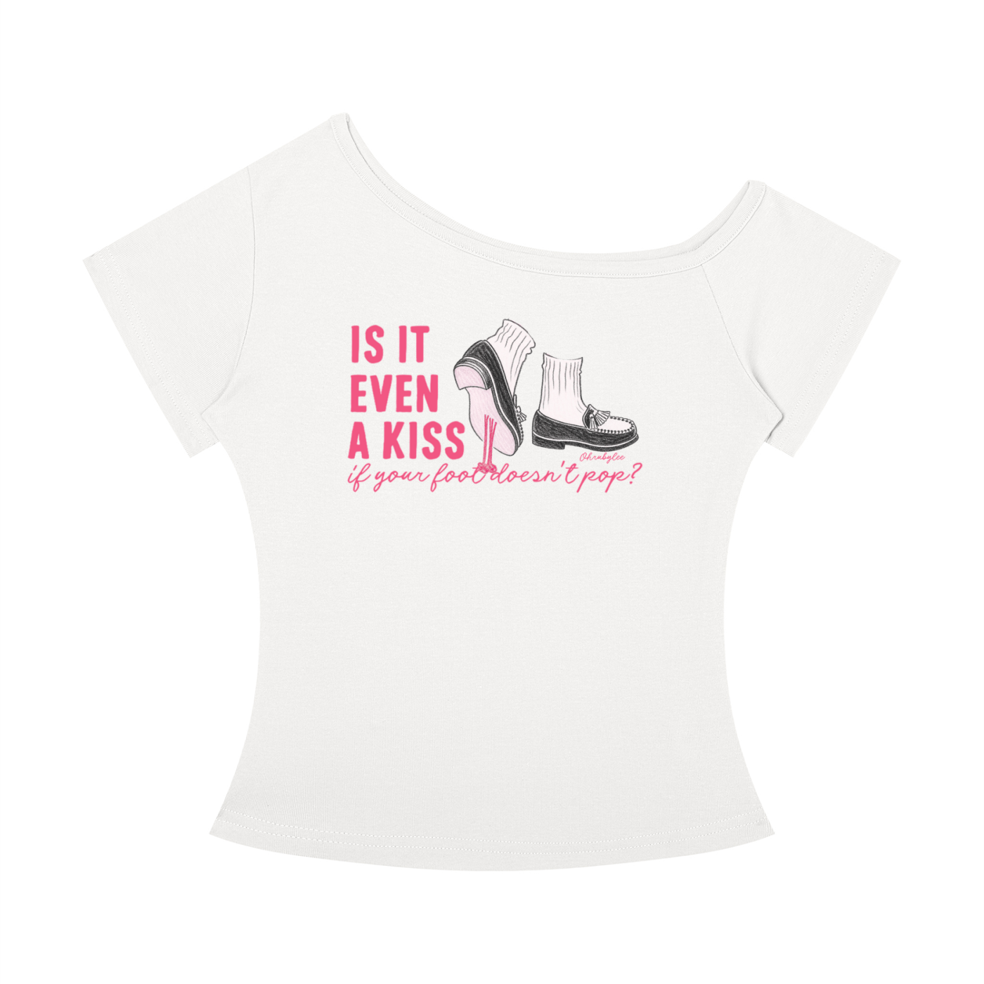 "Is It Even A Kiss?" Off-the-Shoulder Tee In Angel White