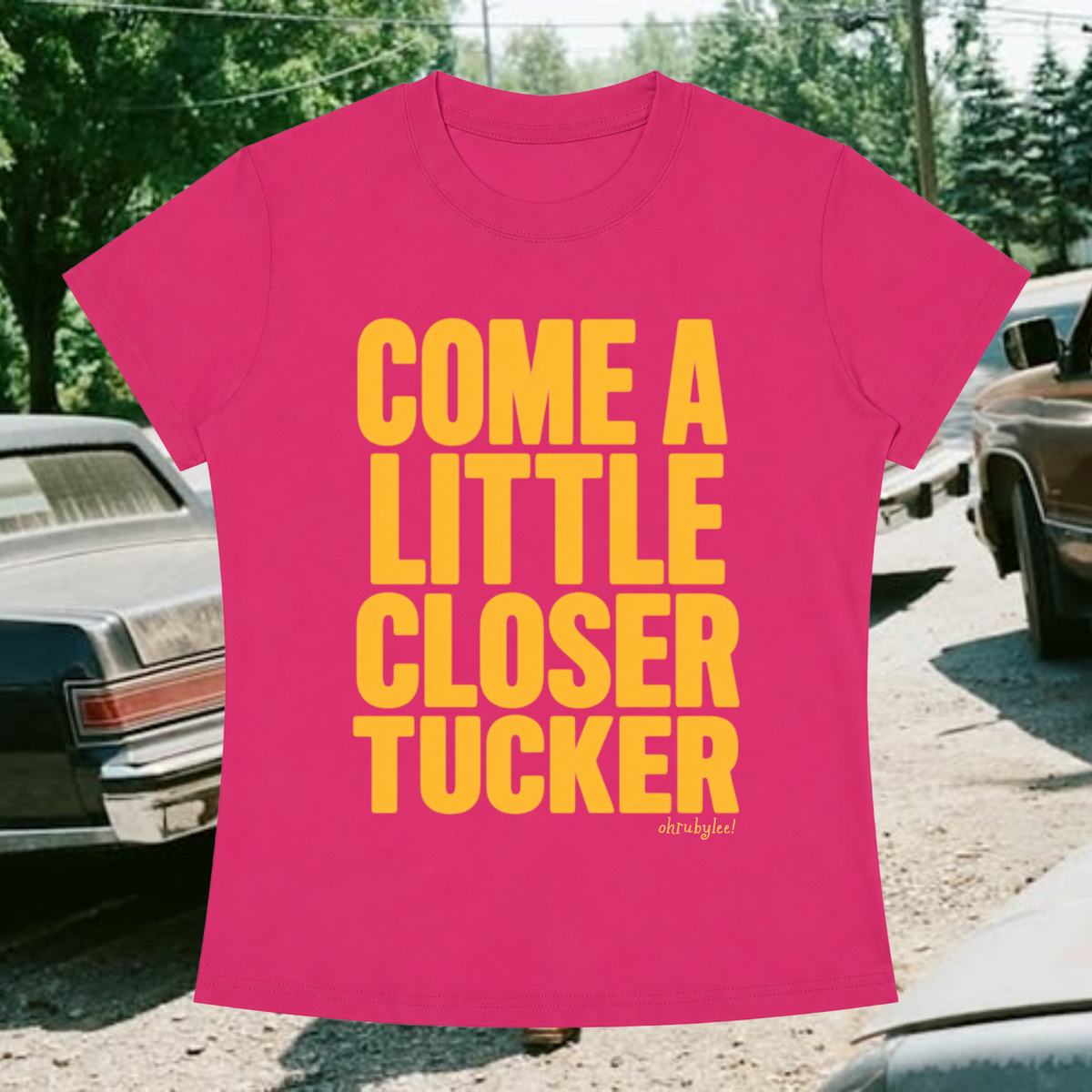 "Come A Little Closer" Baby Tee in Hot AF Pink