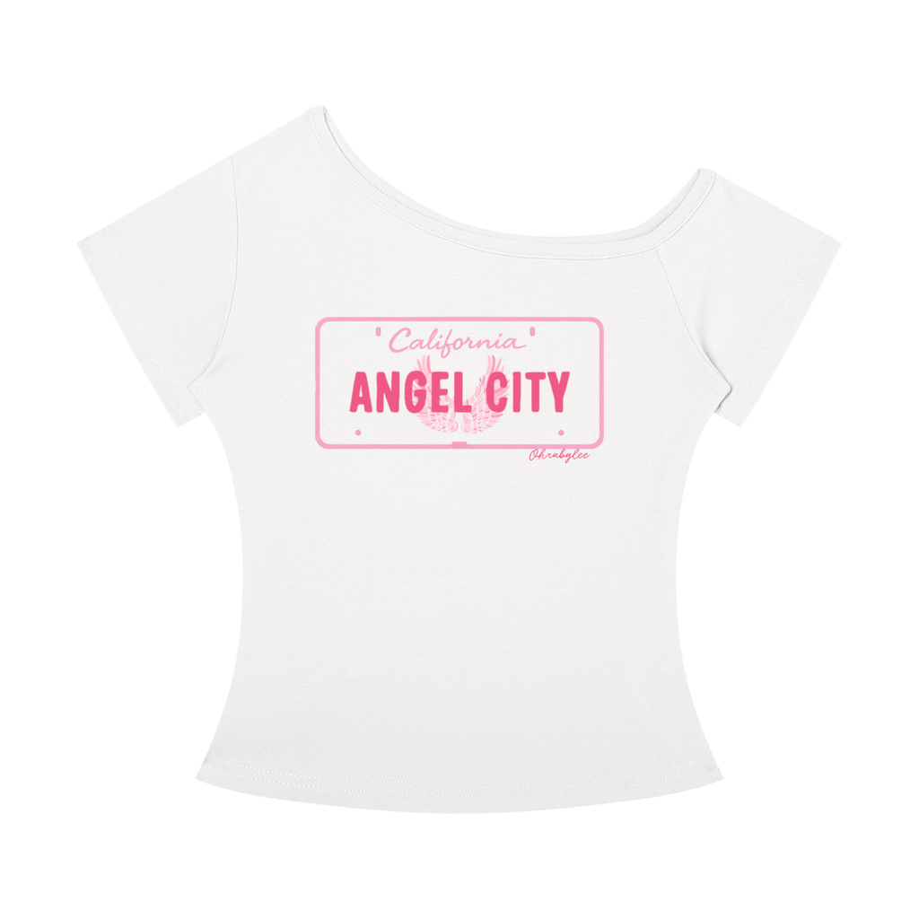 "Angel City" Off The Shoulder Tee In Angel White